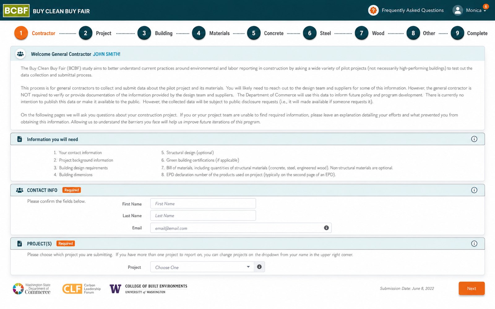 Buy Clean Buy Fair reporting form on desktop, showing the nine-step submission wizard
